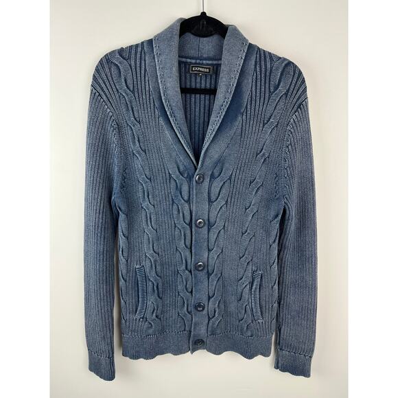 Men’s Express Cable Knit Blue 100% Cotton Button Up Sweater Medium - Picture 1 of 4